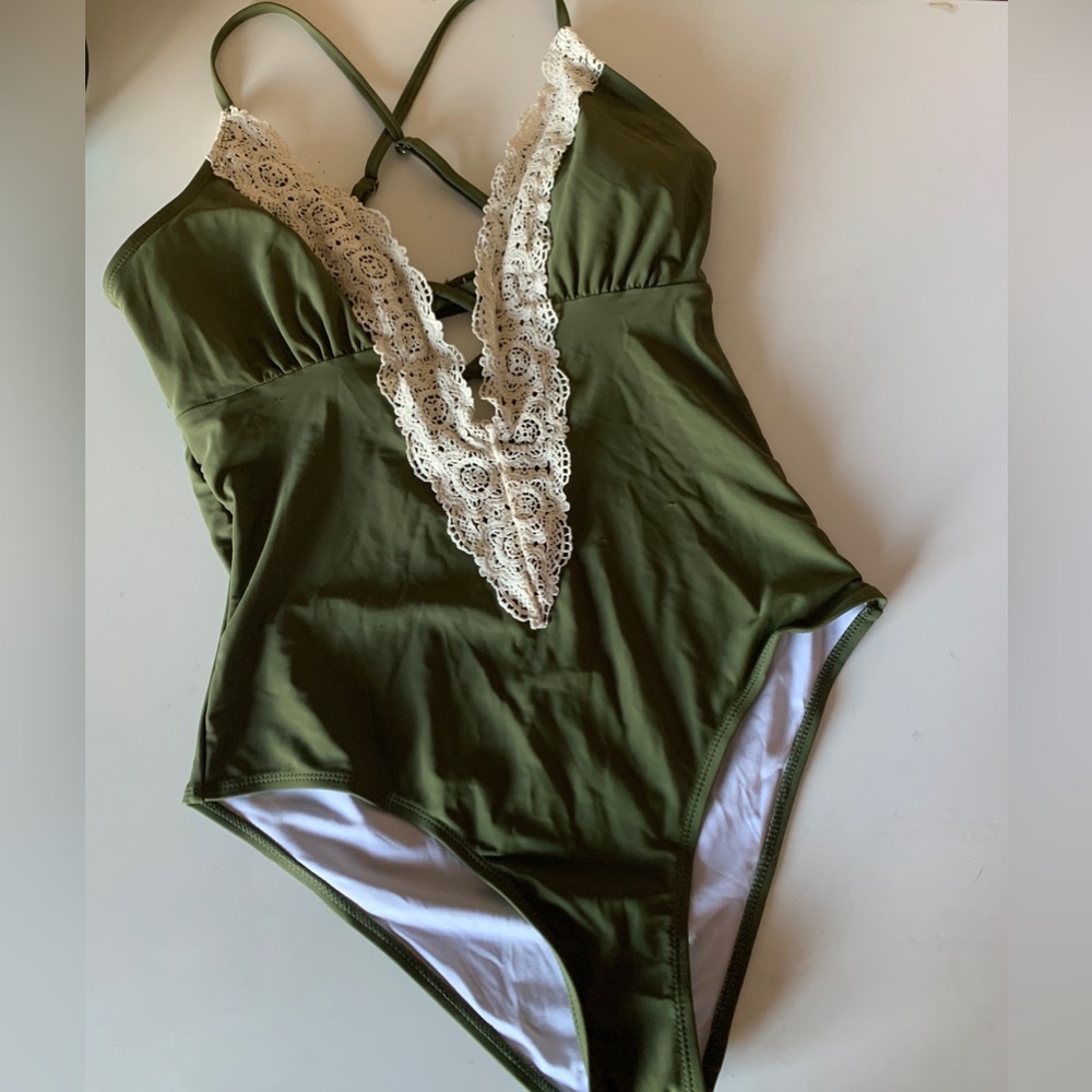 Boho hippie hipster bohemian gypsy Olive Green & Cream Lace One Piece Swimsuit